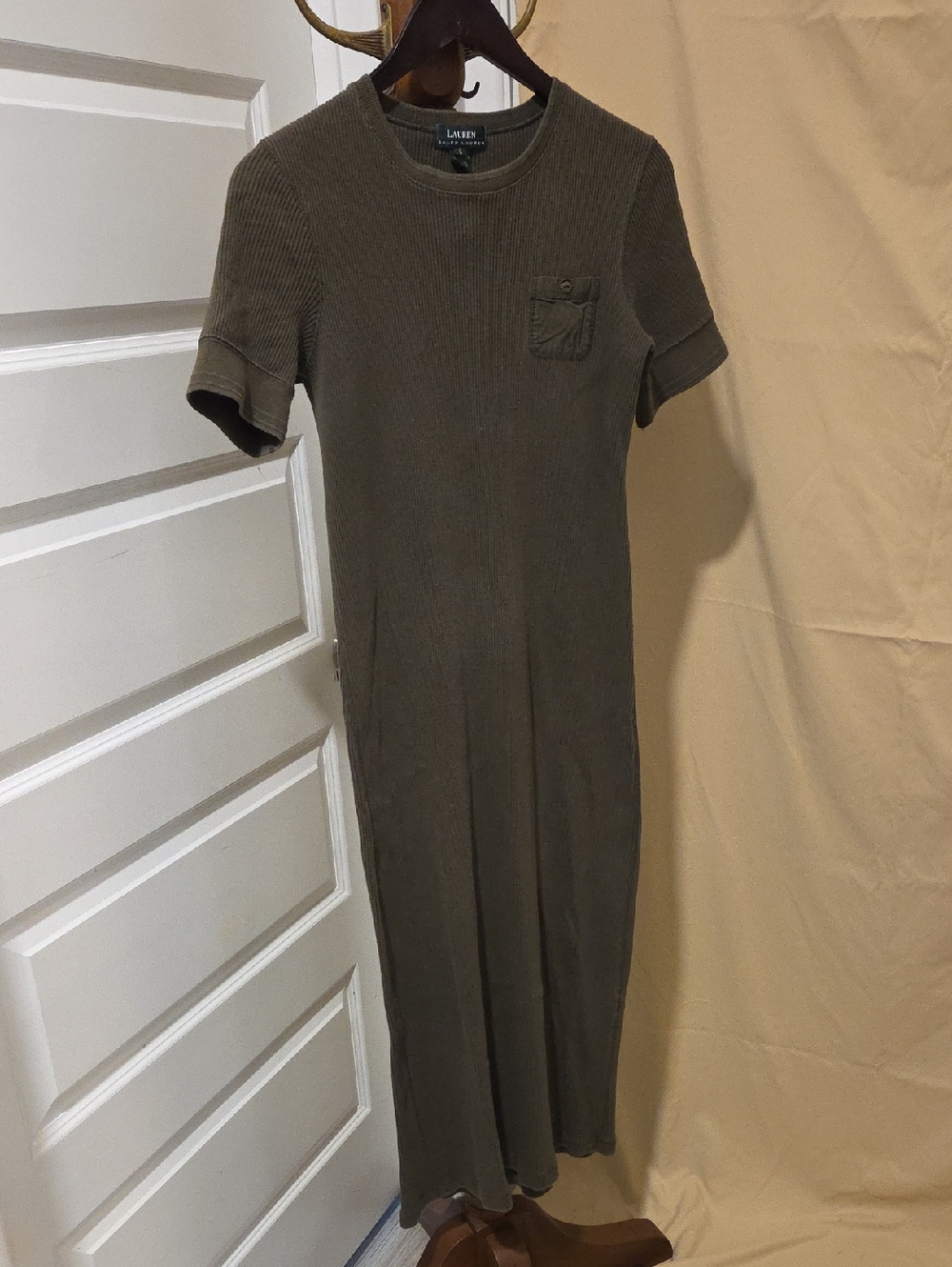 Lauren Ralph Lauren Olive Green Ribbed Midi Tee Dress